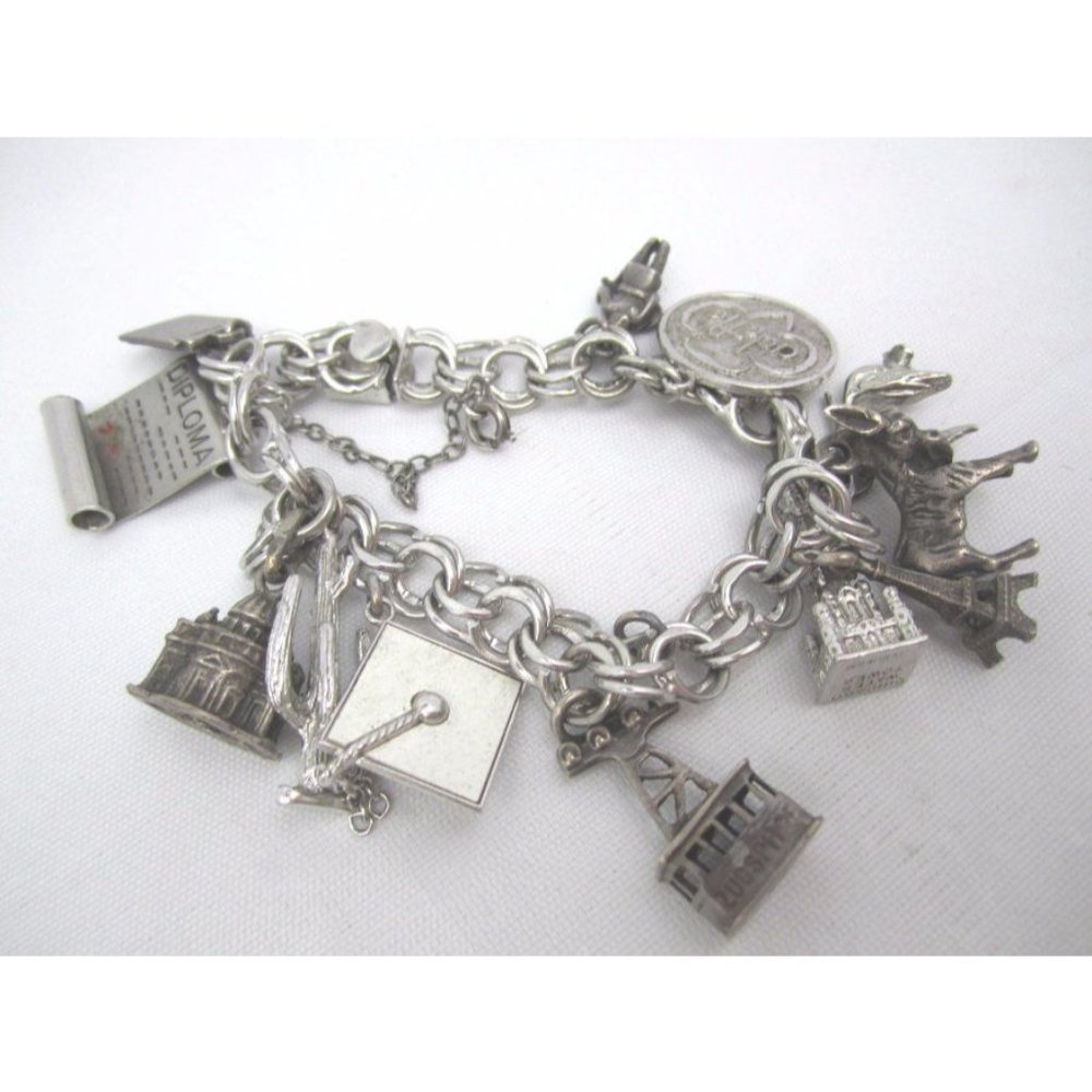 Vintage Sterling Charm Bracelet, Double Link, Signed Sterling TC, Bracelet 12 ch